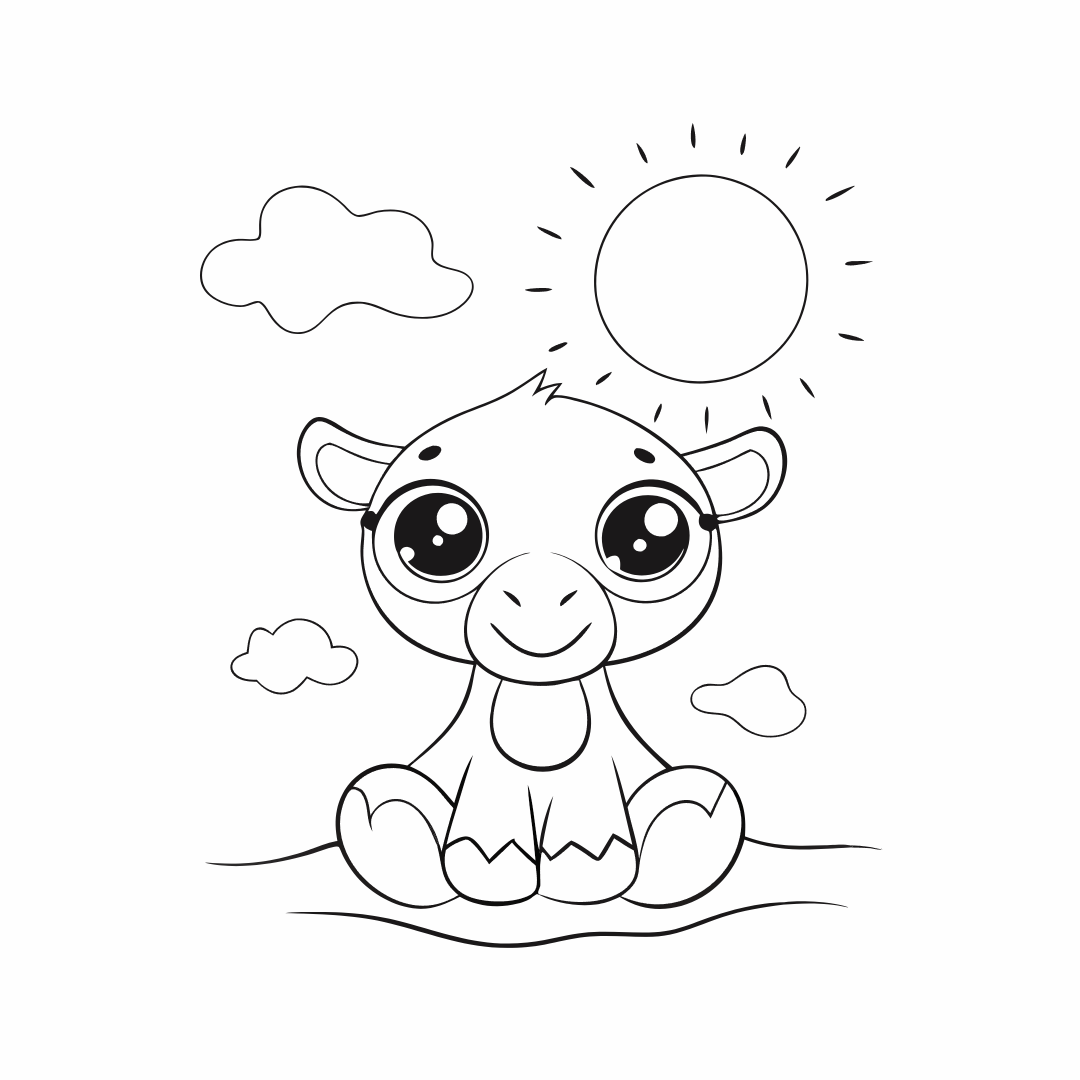 A cute cartoon baby camel with big eyes sitting under the sun, outlined sketch for coloring, white background - coloring pages