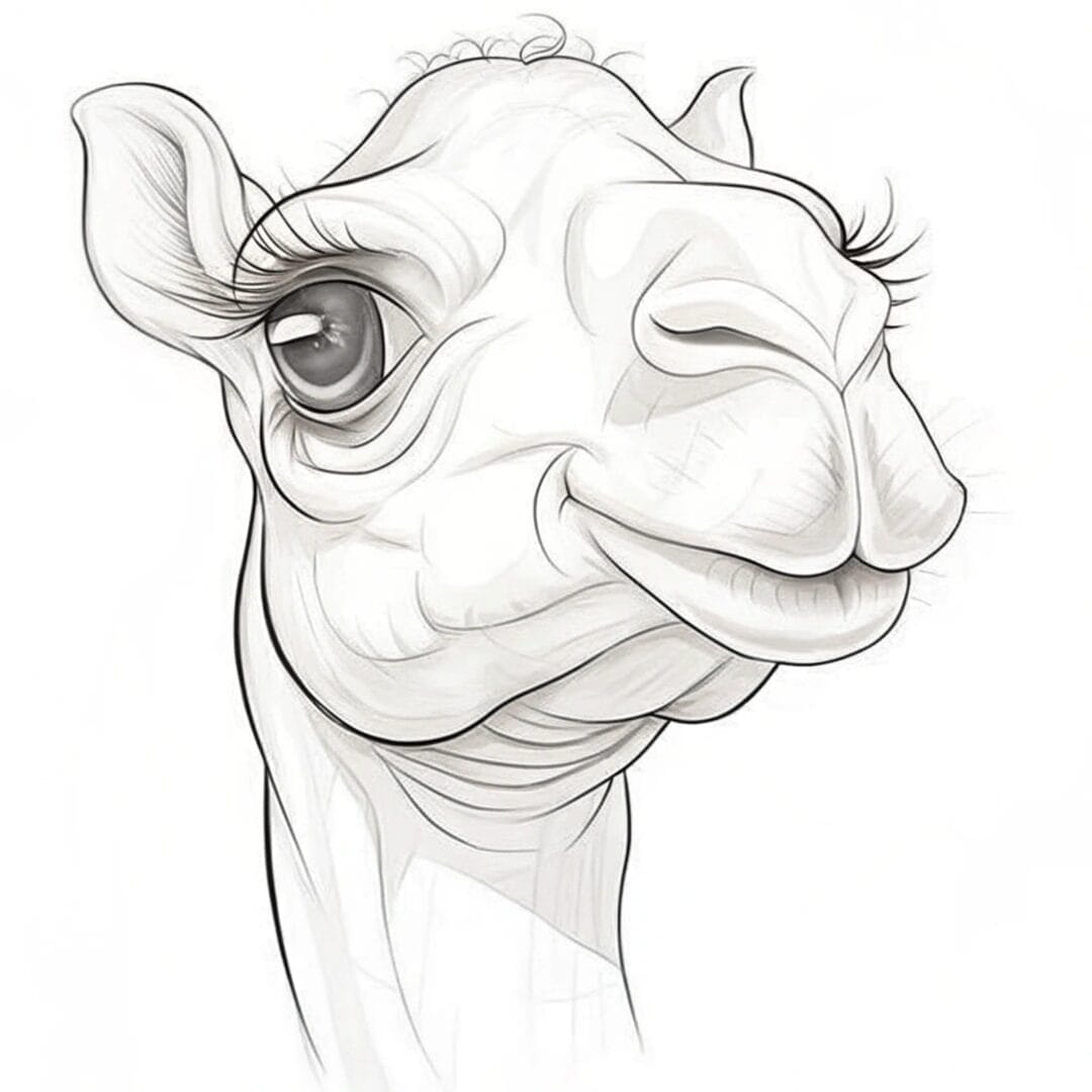 A detailed outline of a camel’s face with expressive eyes, white background - coloring pages