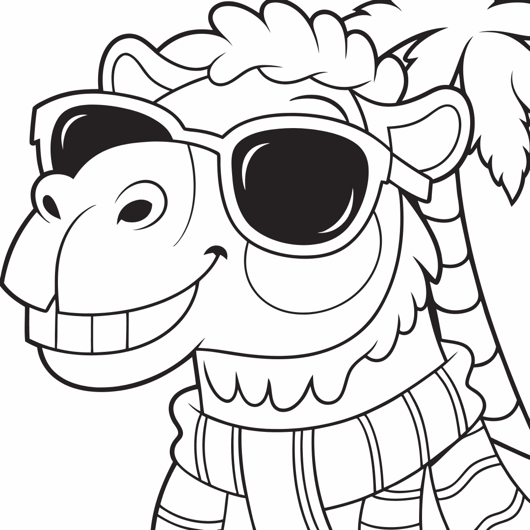 A funny camel with a big smile wearing sunglasses and a scarf, cartoon style, black outline, white background - coloring pages