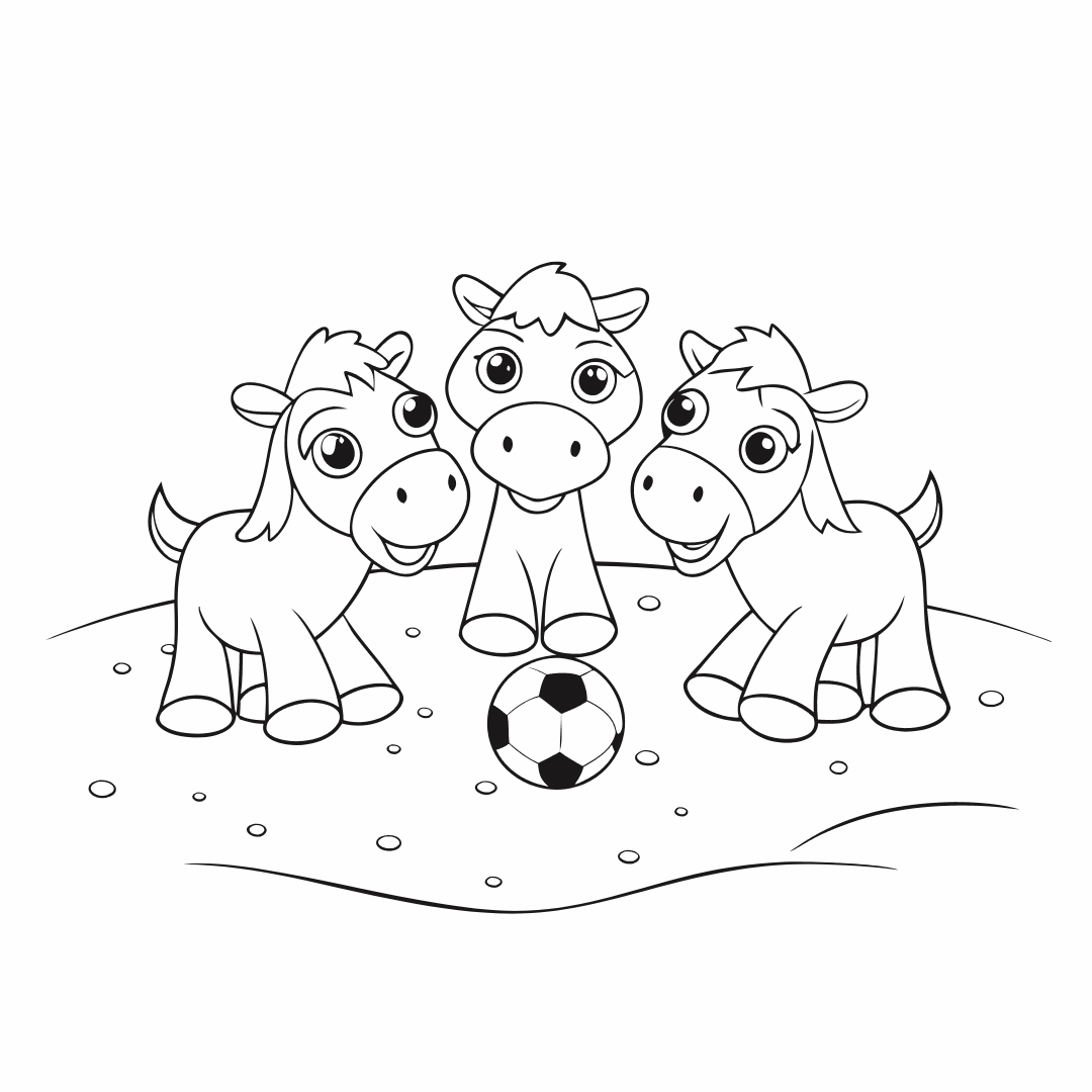 A group of camels playing soccer in a sandy field, cartoon outline, white background - coloring pages