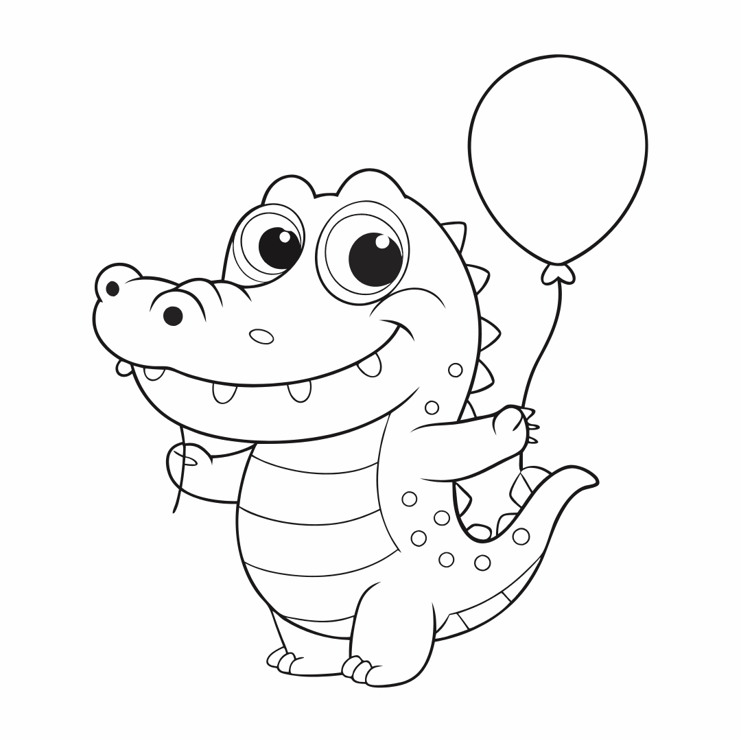 Easy Alligator Coloring Pages, A happy alligator holding a single balloon