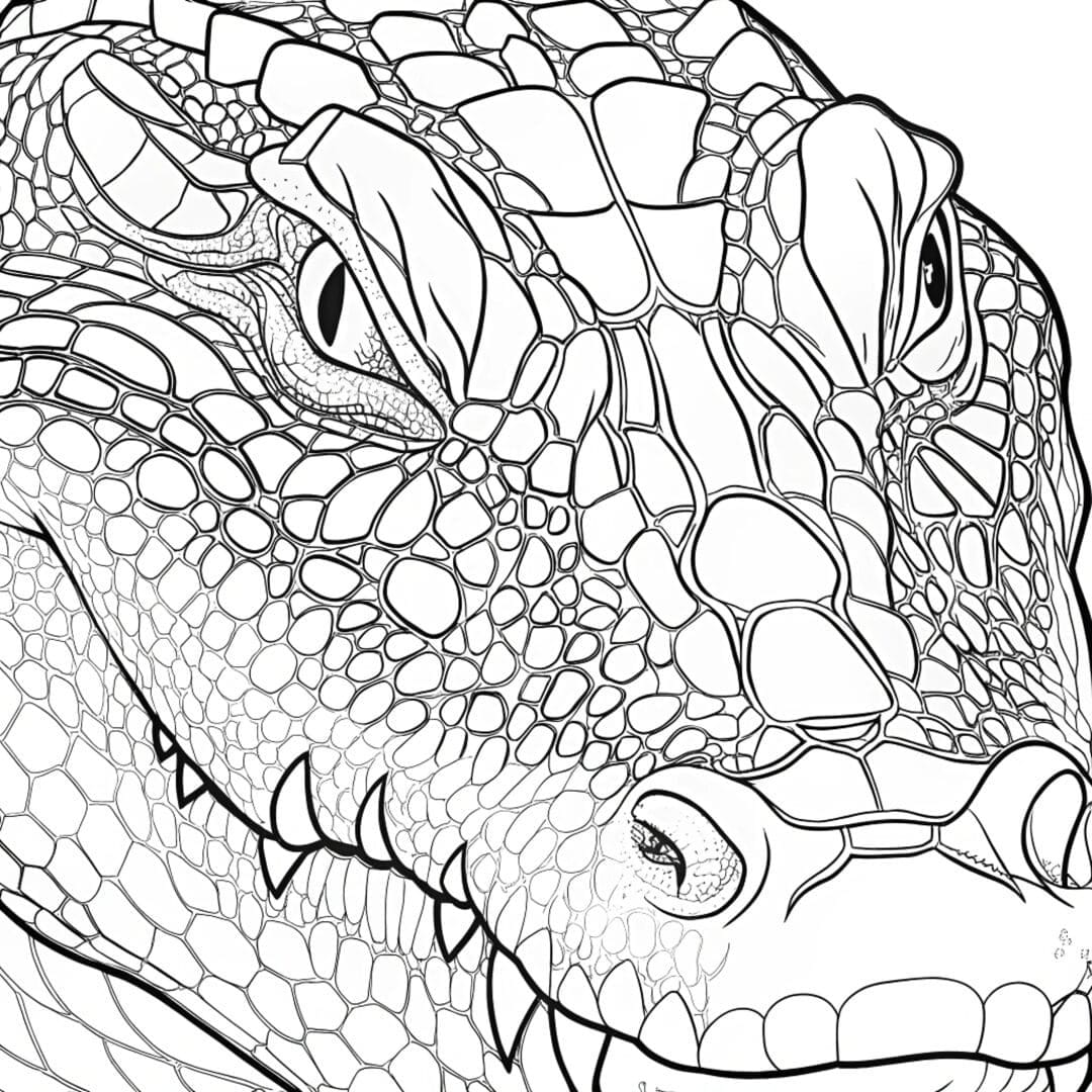 A highly detailed close-up of an alligator's face coloring Pages