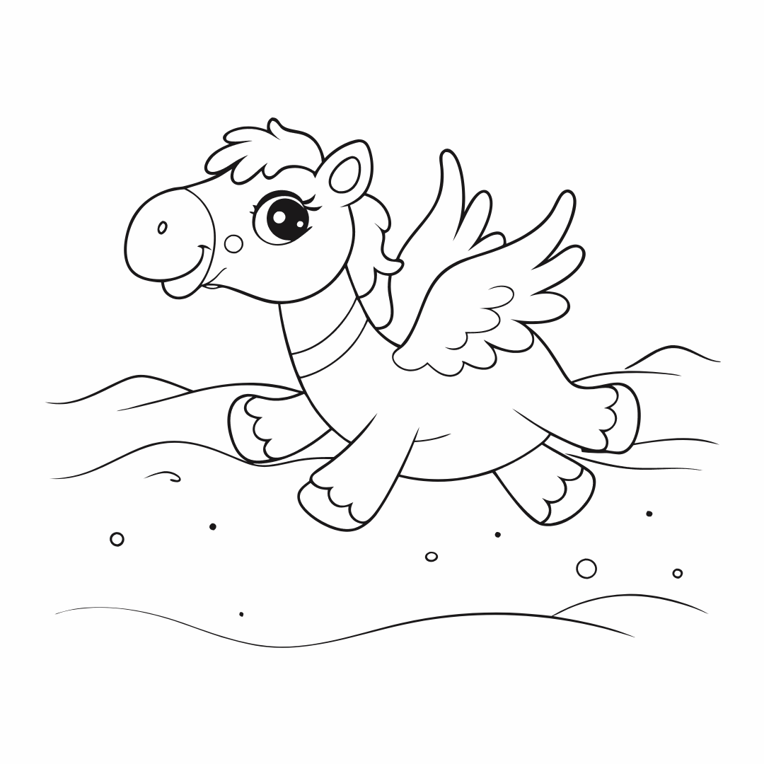 A magical camel with wings flying over a desert, outlined sketch for coloring, white background - coloring pages