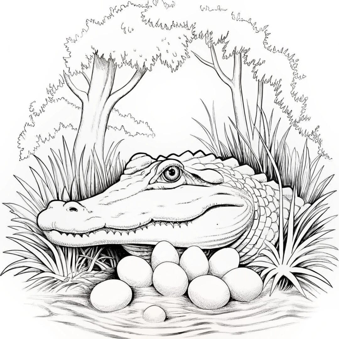 A mother alligator guarding her nest of eggs in a swampy area coloring Pages