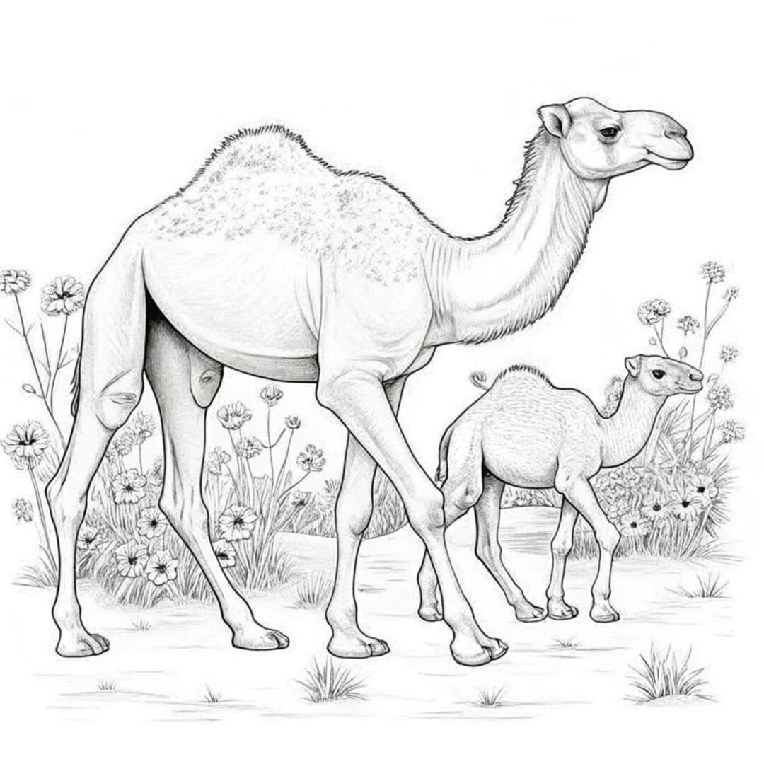 A mother camel and her baby walking through a desert filled with wildflowers, clean outline sketch, white background - coloring pages