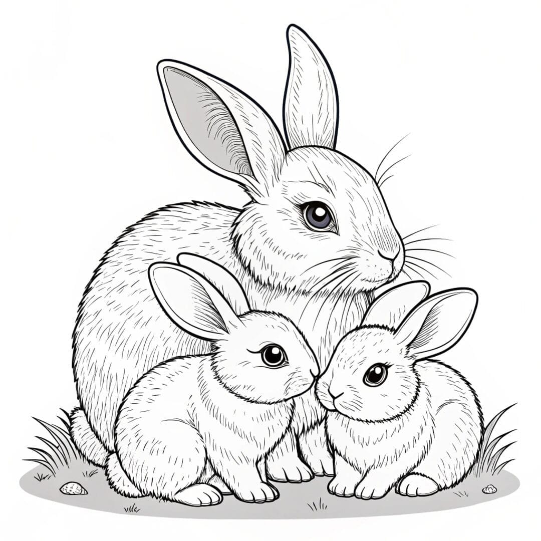 A mother rabbit with her babies cuddled up, realistic bunny coloring sheets