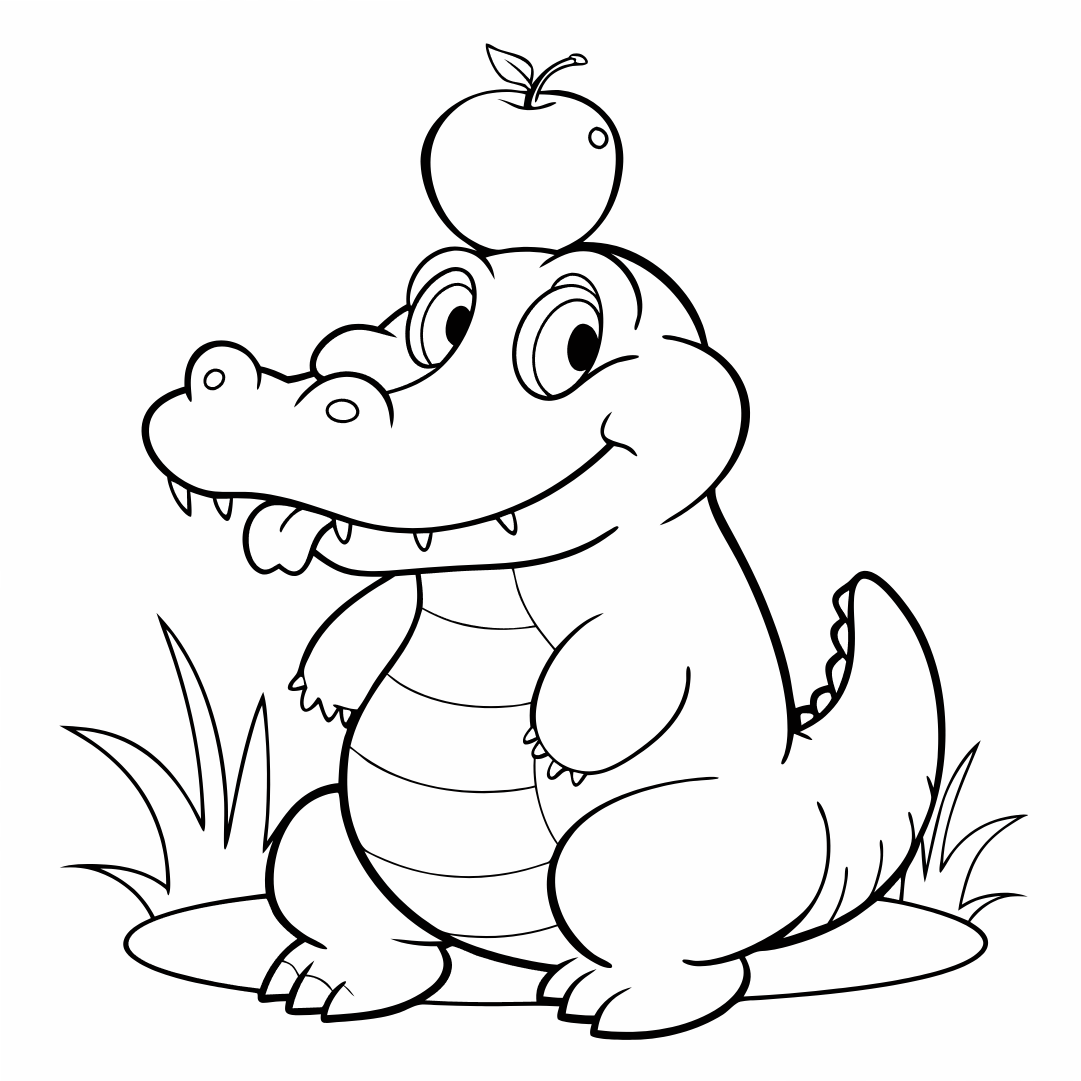 a-playful-alligator-sticking-its-tongue-out-while- A playful alligator sticking its tongue out while balancing a small apple on its head coloring pages,