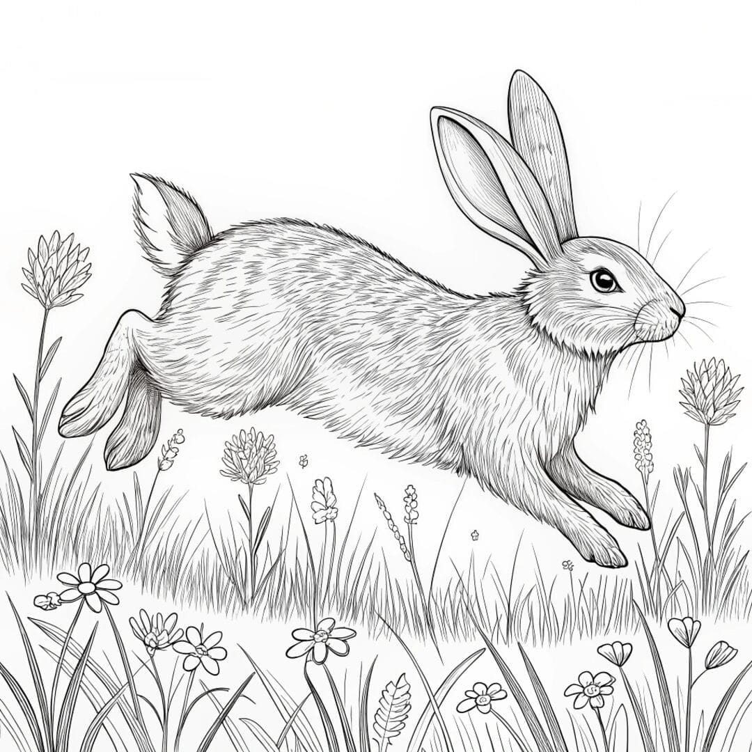 A rabbit hopping through a meadow, realistic bunny coloring sheets