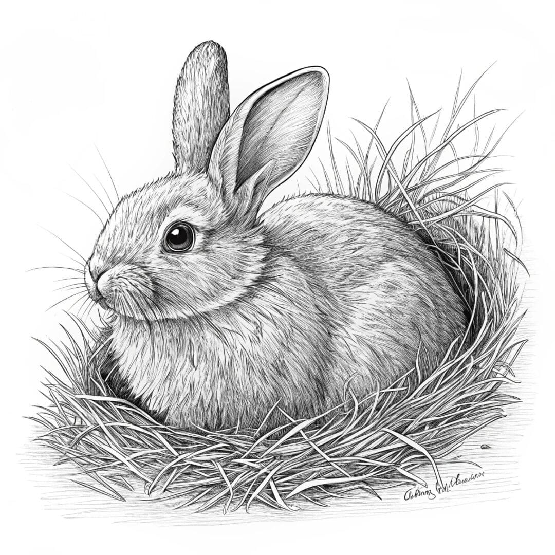 A realistic bunny curled up in a cozy nest of hay, realistic bunny coloring sheets