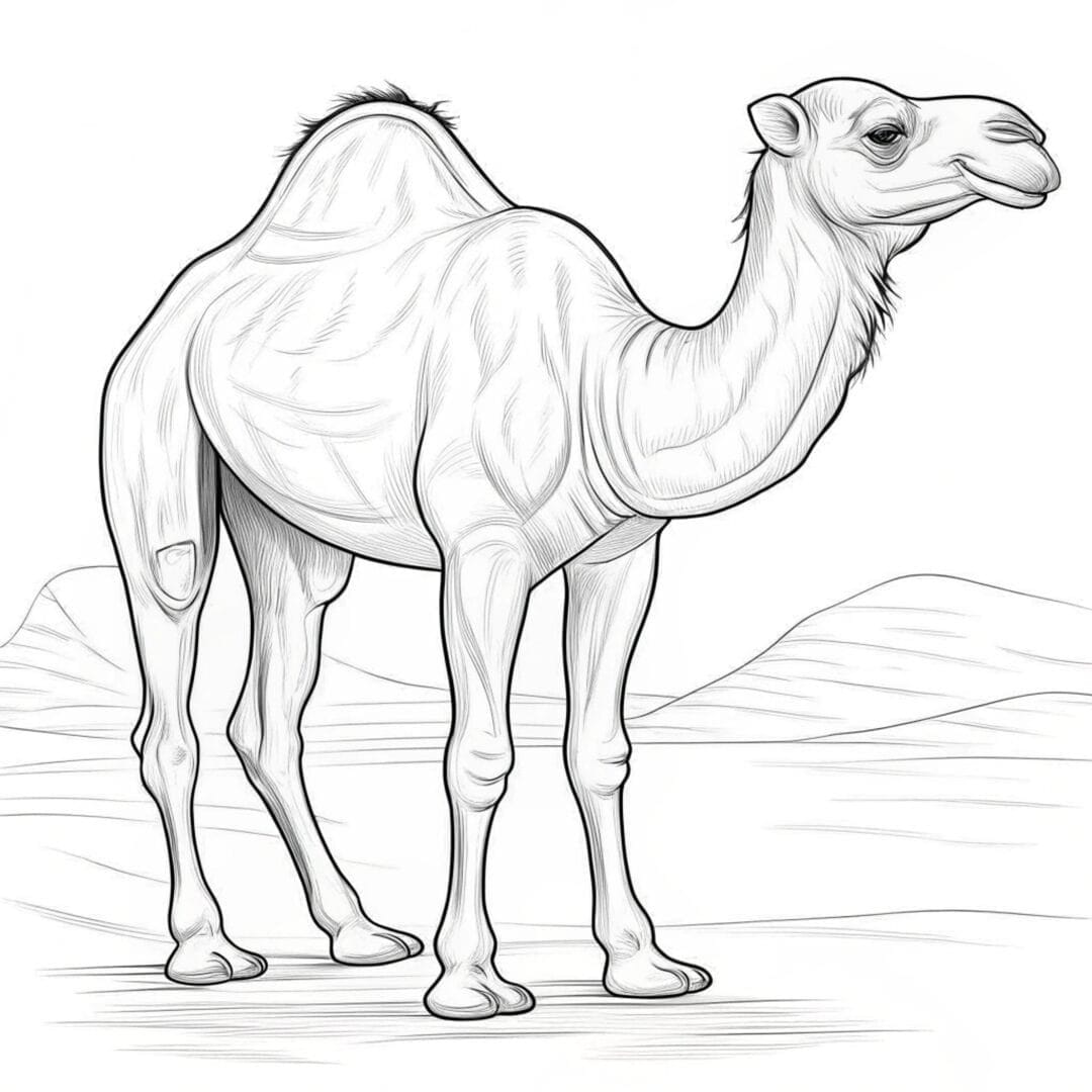 A realistic one-humped camel standing in the desert, detailed black outline sketch, white background - coloring pages