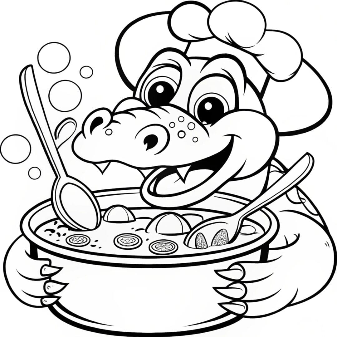 a-smiling-alligator-wearing-a-chef-s-hat--stirring a smiling alligator wearing a chef's hat - Alligator Colouring Sheets
