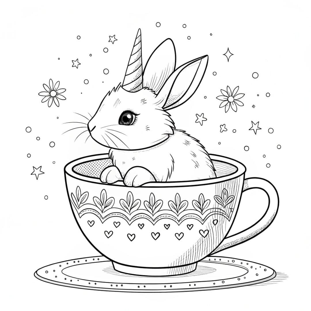 A tiny unicorn bunny curled up inside a teacup, unicorn bunny coloring pages