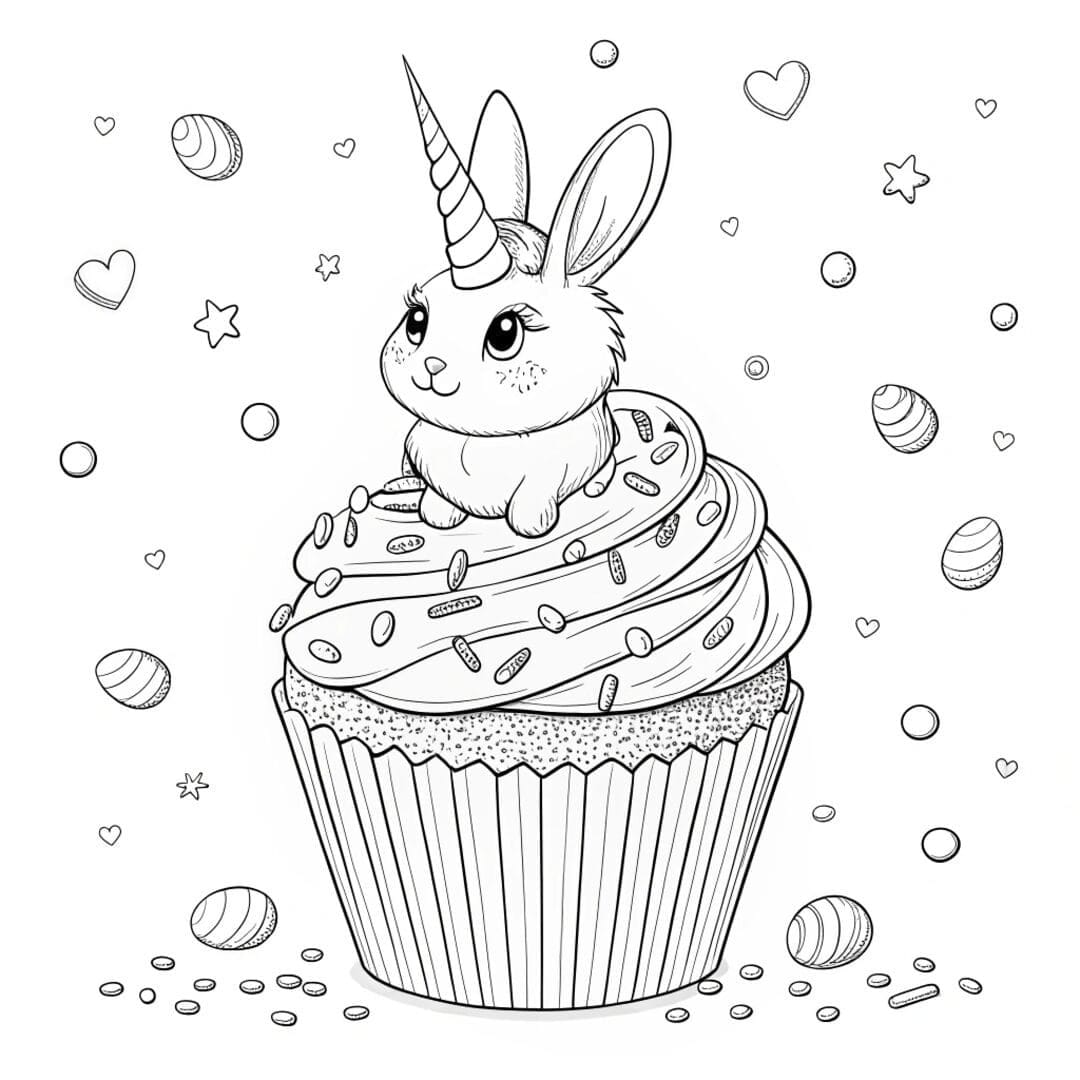 A unicorn bunny perched on a giant cupcake, unicorn bunny coloring pages