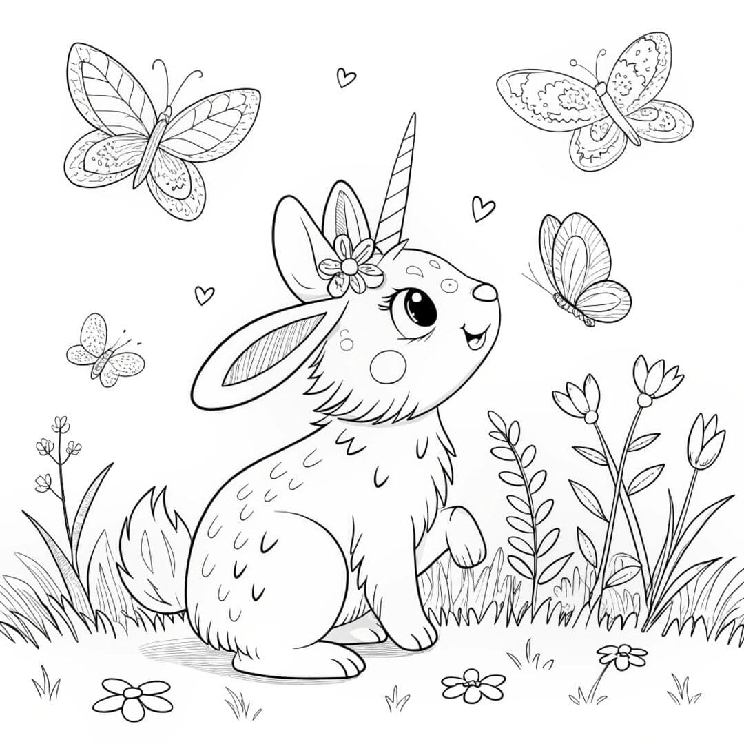 A unicorn bunny playing in a meadow, unicorn bunny coloring pages