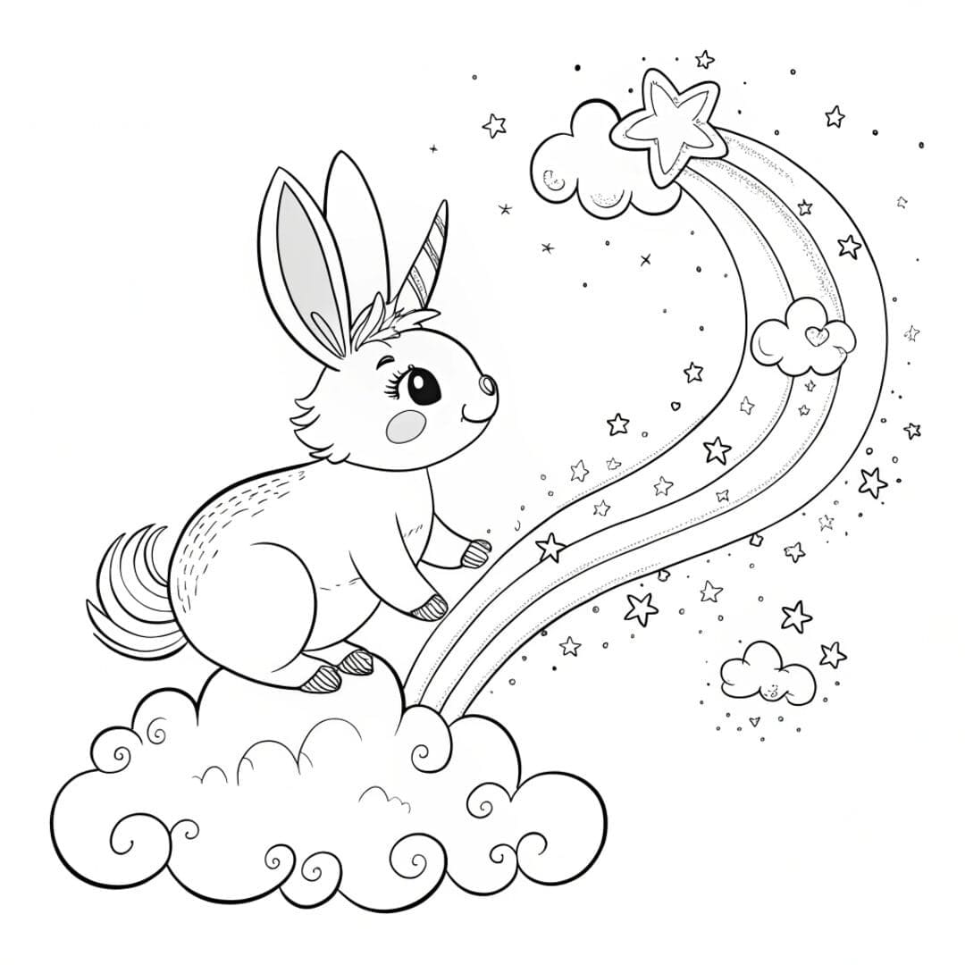 A unicorn bunny riding on a fluffy cloud, unicorn bunny coloring pages