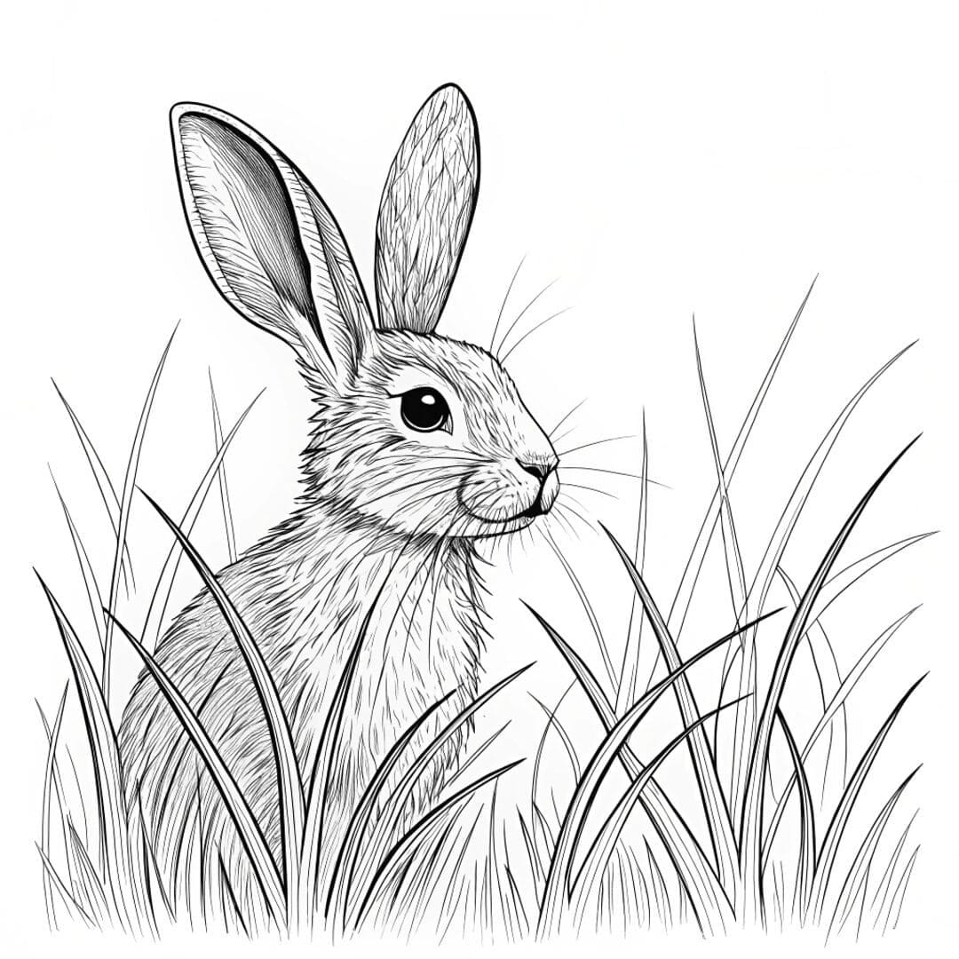 A wild rabbit peeking from behind tall grass, ears alert, realistic bunny coloring sheets