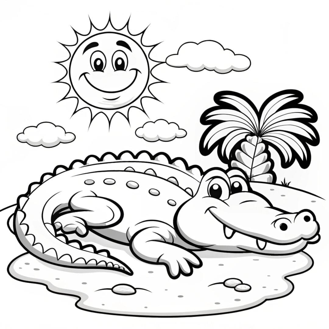 Easy Alligator Coloring Pages, An alligator lying down on a sandy beach