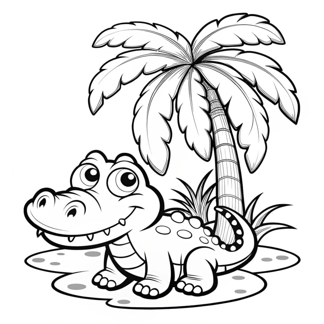 Easy Alligator Coloring Pages, An alligator sitting next to a single palm tree