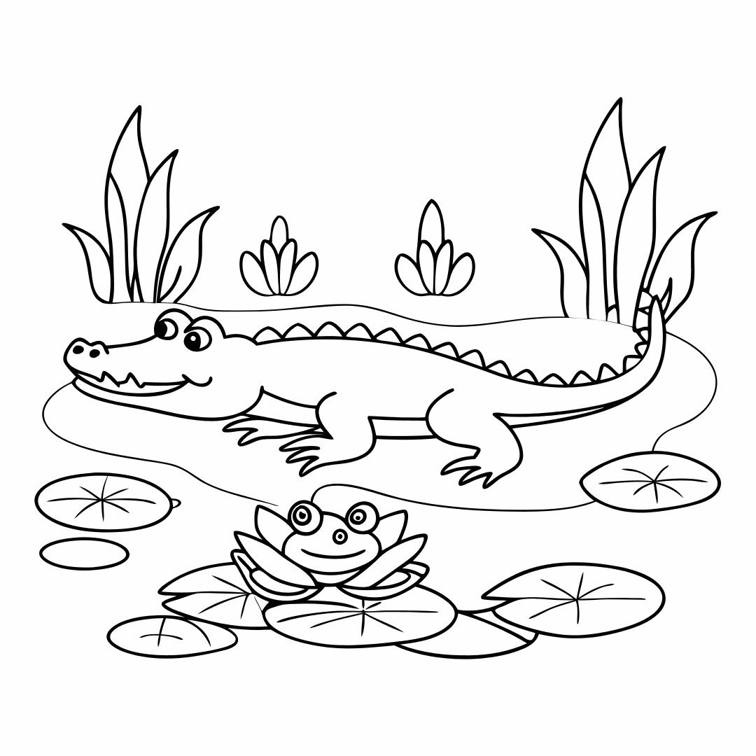 Easy Alligator Coloring Pages, An alligator swimming in a pond with large lily pads
