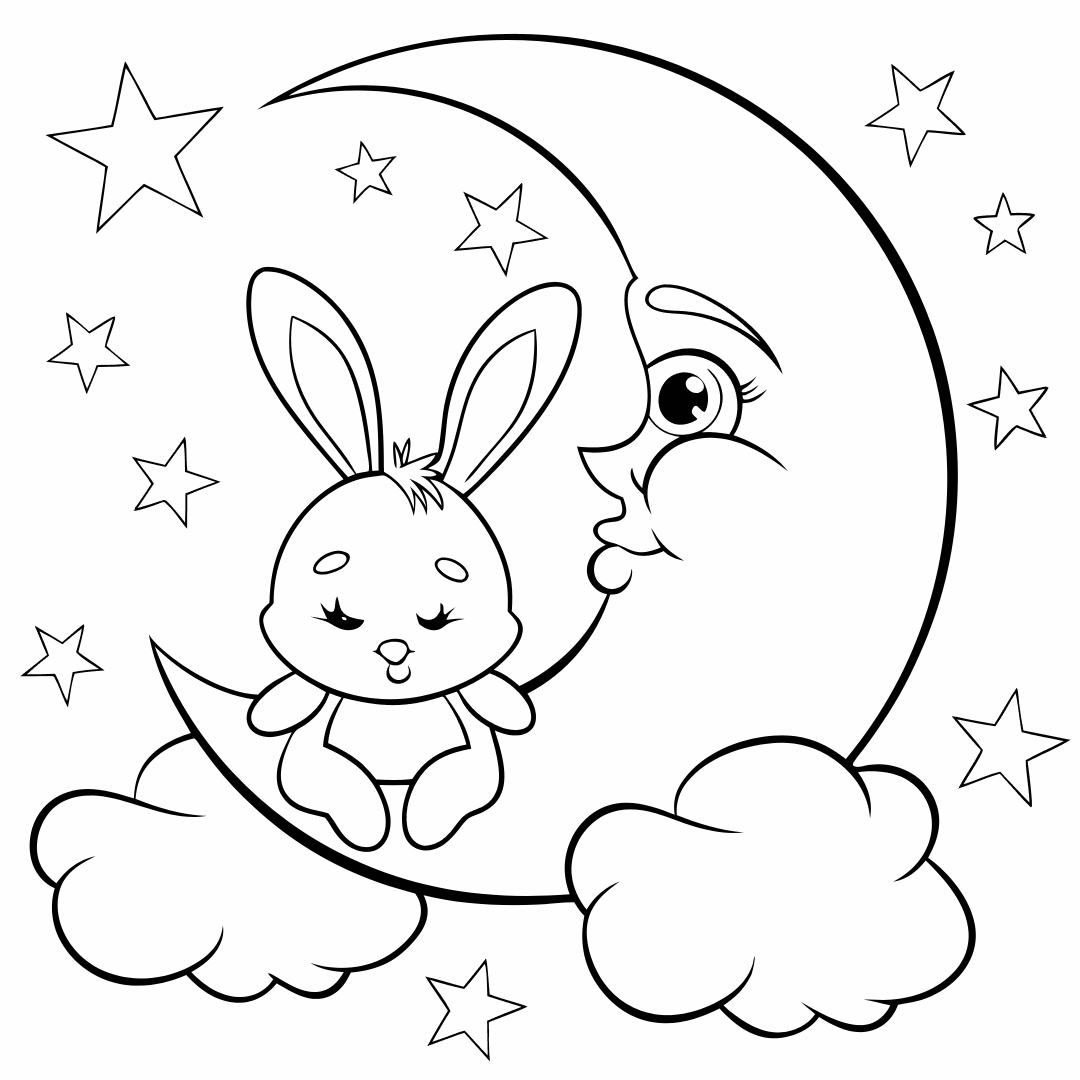 Kawaii bunny and moon coloring page