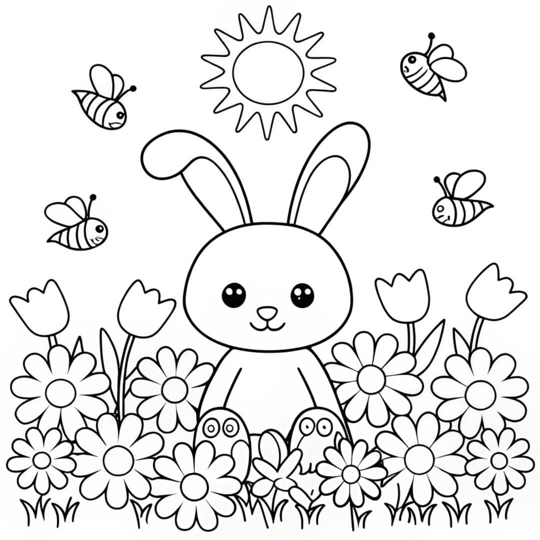 Bunny and Spring Flowers - preschool easter bunny coloring page