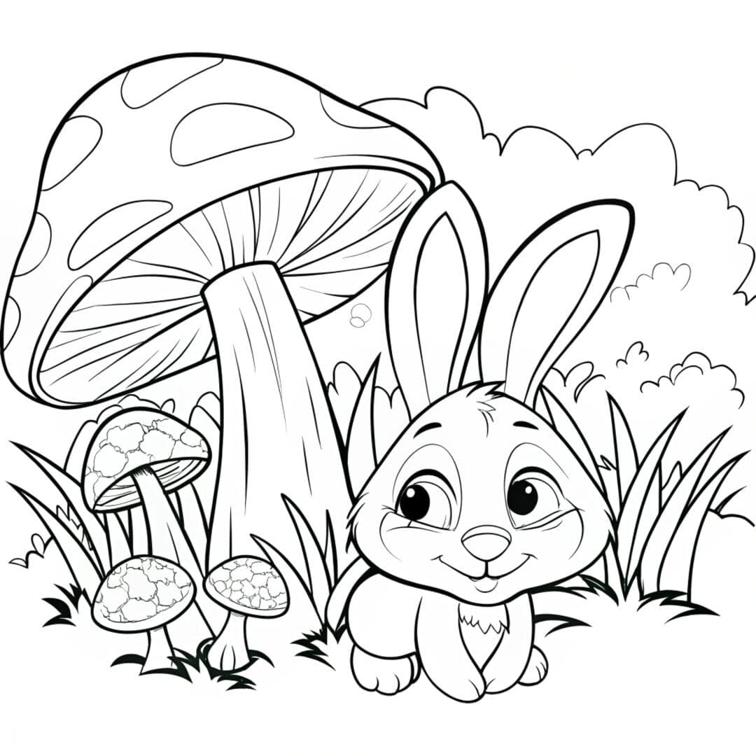 Bunny hiding behind a mushroom, easy bunny coloring pages
