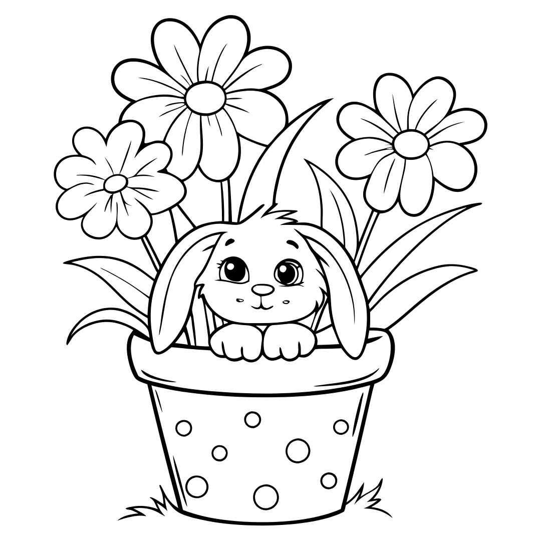 Bunny peeking out of a flower pot, easy bunny coloring pages