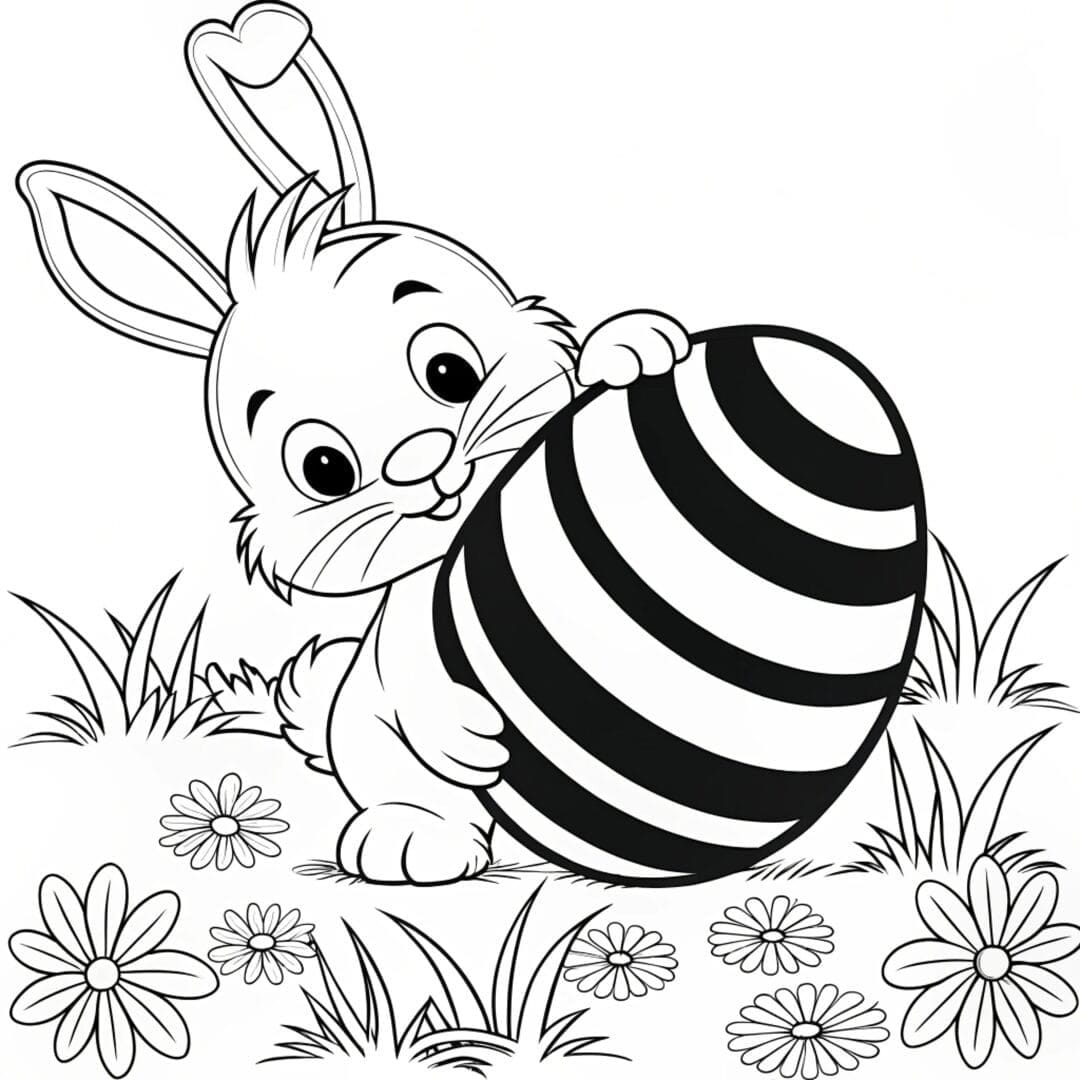Bunny playing with a ball, easy bunny coloring pages