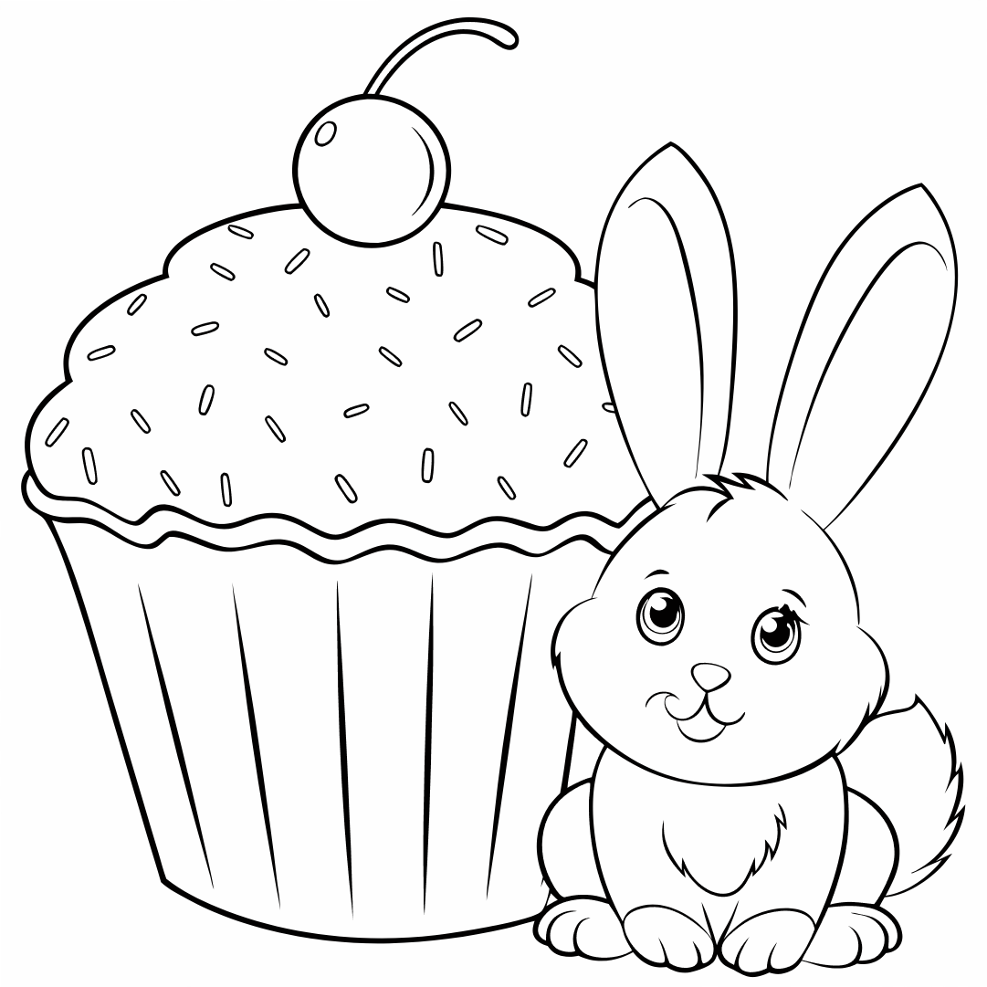 Bunny with a cupcake, easy bunny coloring pages
