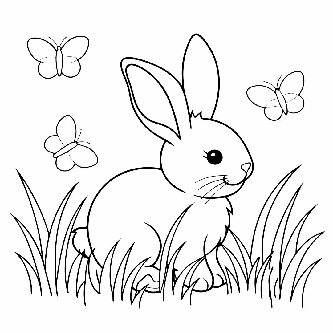 Bunny with butterfly friends, easy bunny coloring pages