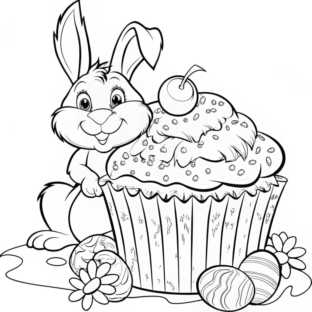 Kawaii cupcake bunny coloring page