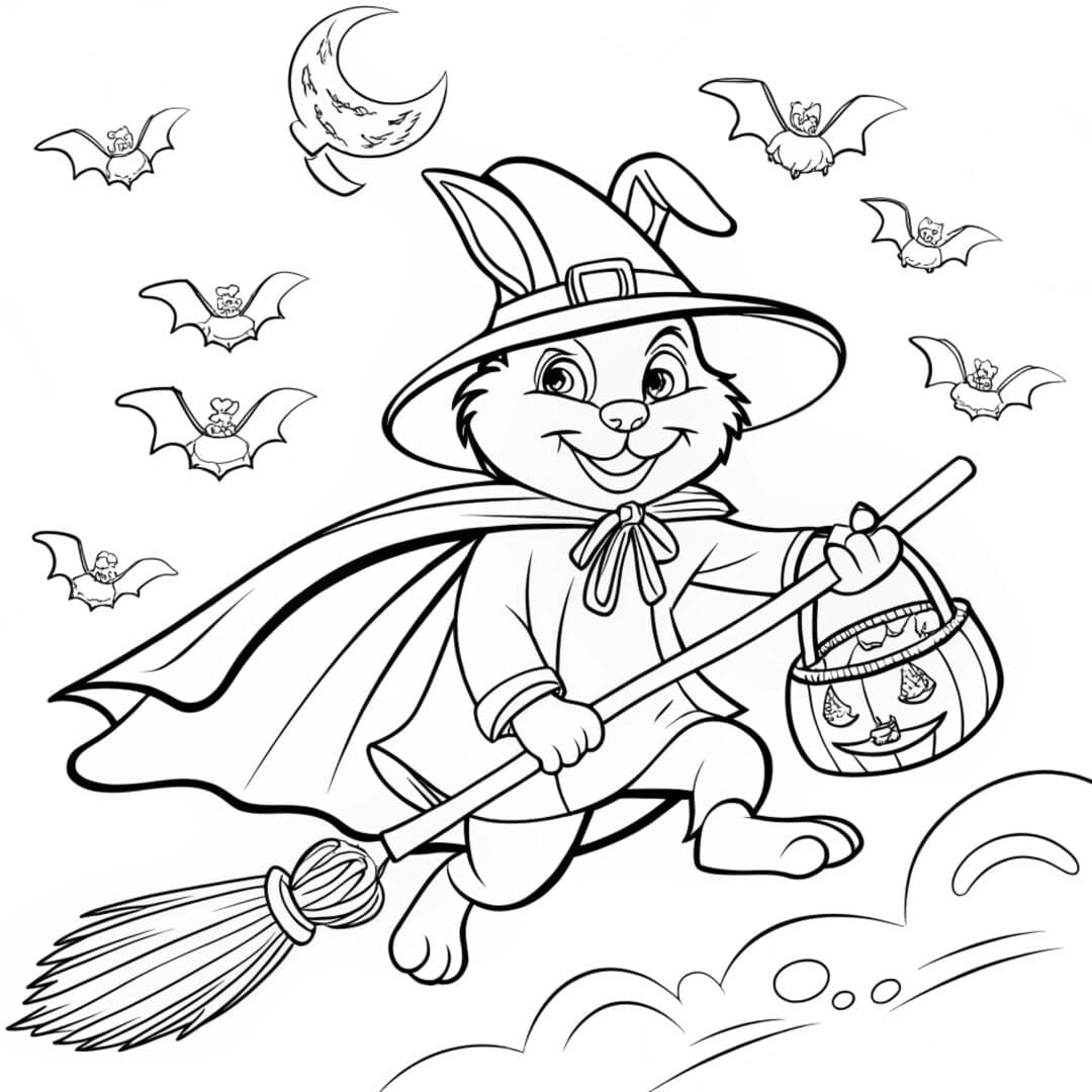 Kawaii halloween bunny coloring page