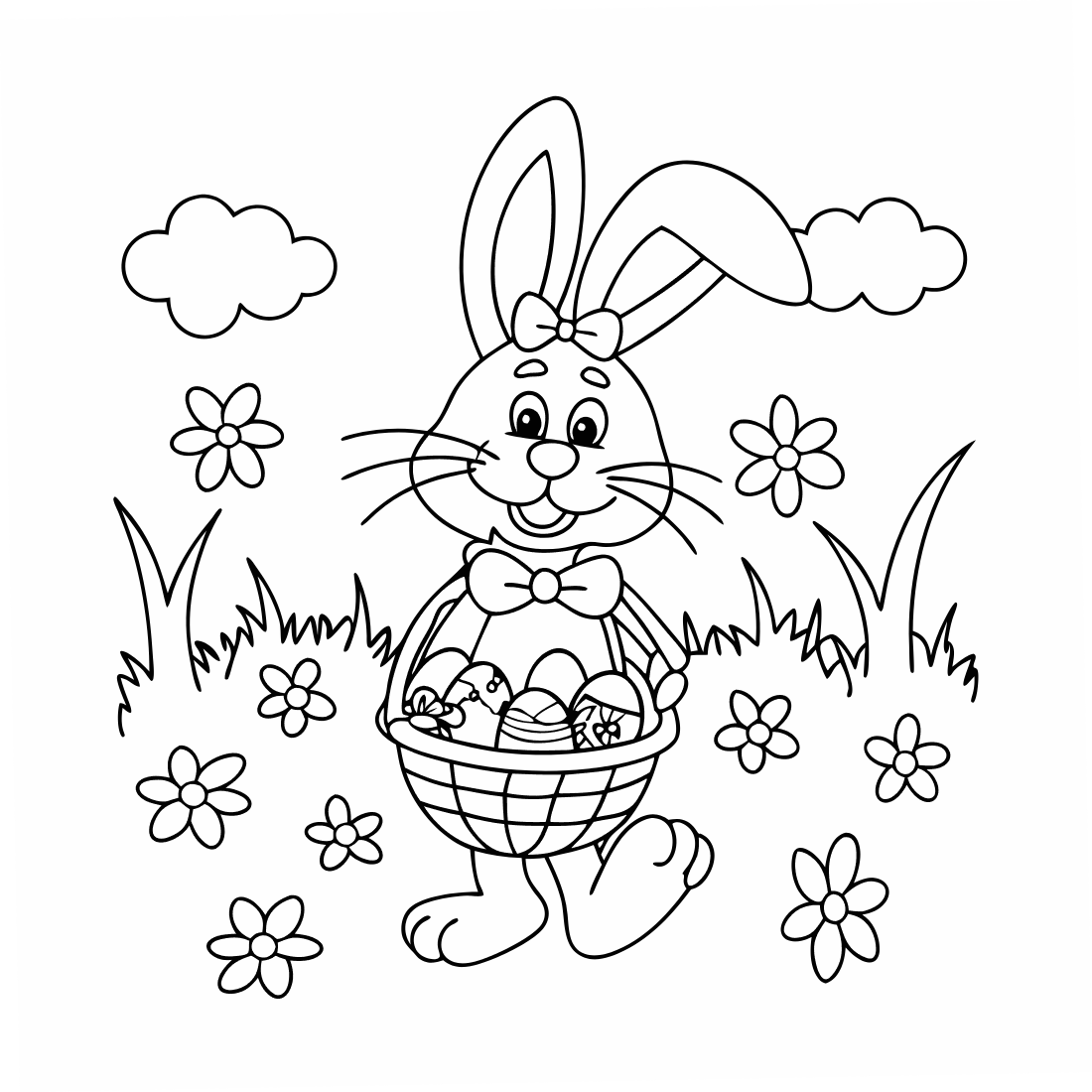 Smiling Bunny with a Basket - preschool easter bunny coloring page