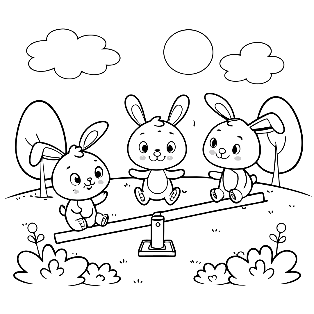 Sunny bunnies on a seesaw, sunny bunnies colouring sheets
