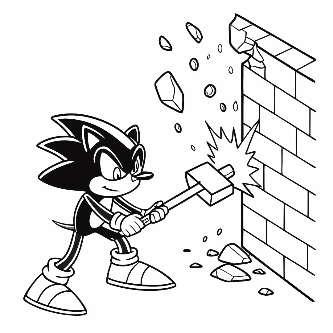 Shadow Sonic breaking through a wall, debris flying in all directions – shadow sonic color page