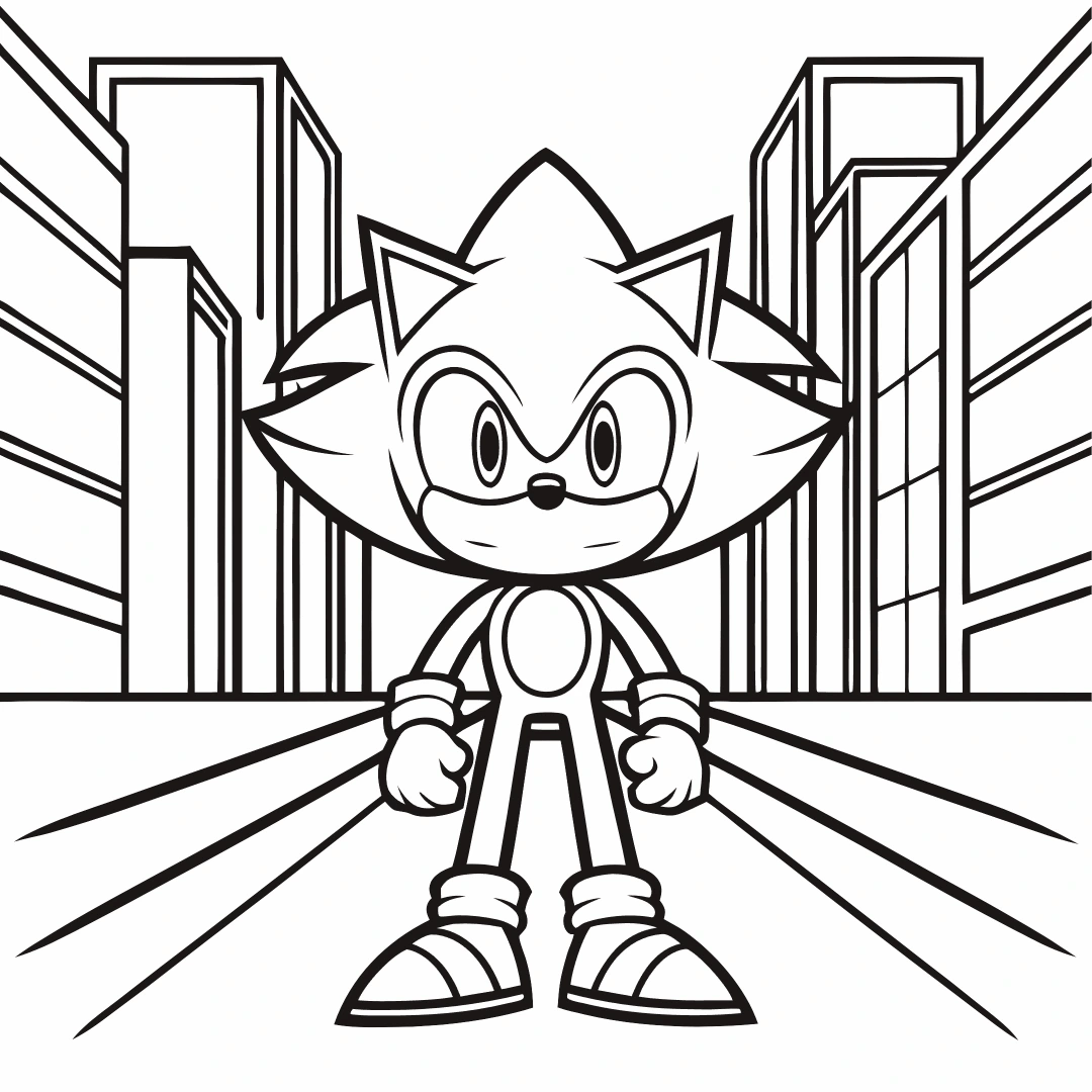 Shadow Sonic dashing through a futuristic city, speed lines trailing behind – shadow sonic color page